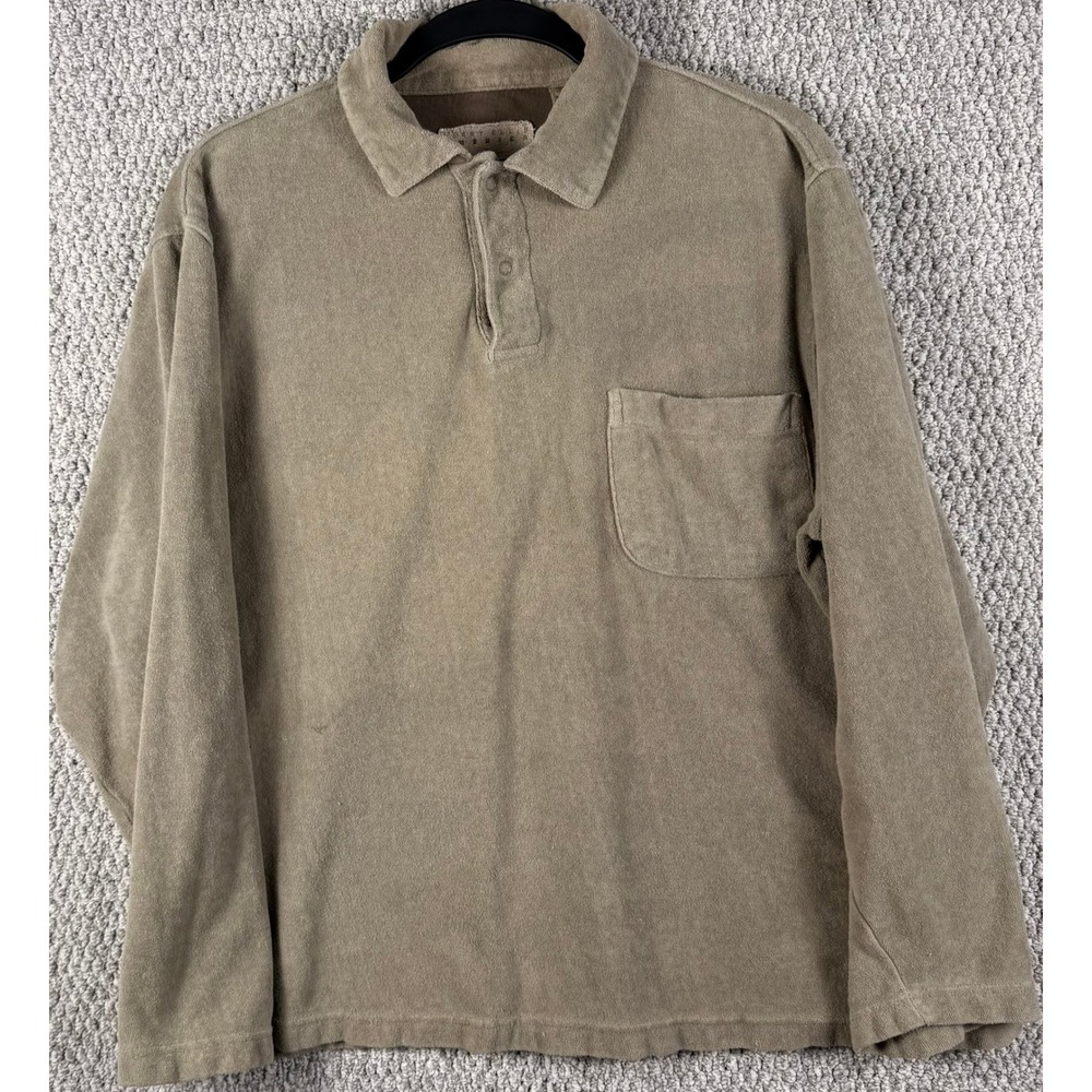 Perry Ellis America Vintage Terry Cloth Polo M Tan 80s 90s Long Sleeve Shirt
